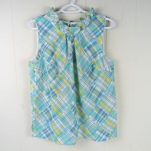 Talbots Madras Plaid Sleeveless Top Size M Patchwork Ruffle Popover Keyhole Back